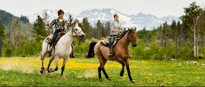 Confident plus-size woman riding Richmond upon Thames a horse through a field with a smile on her face.